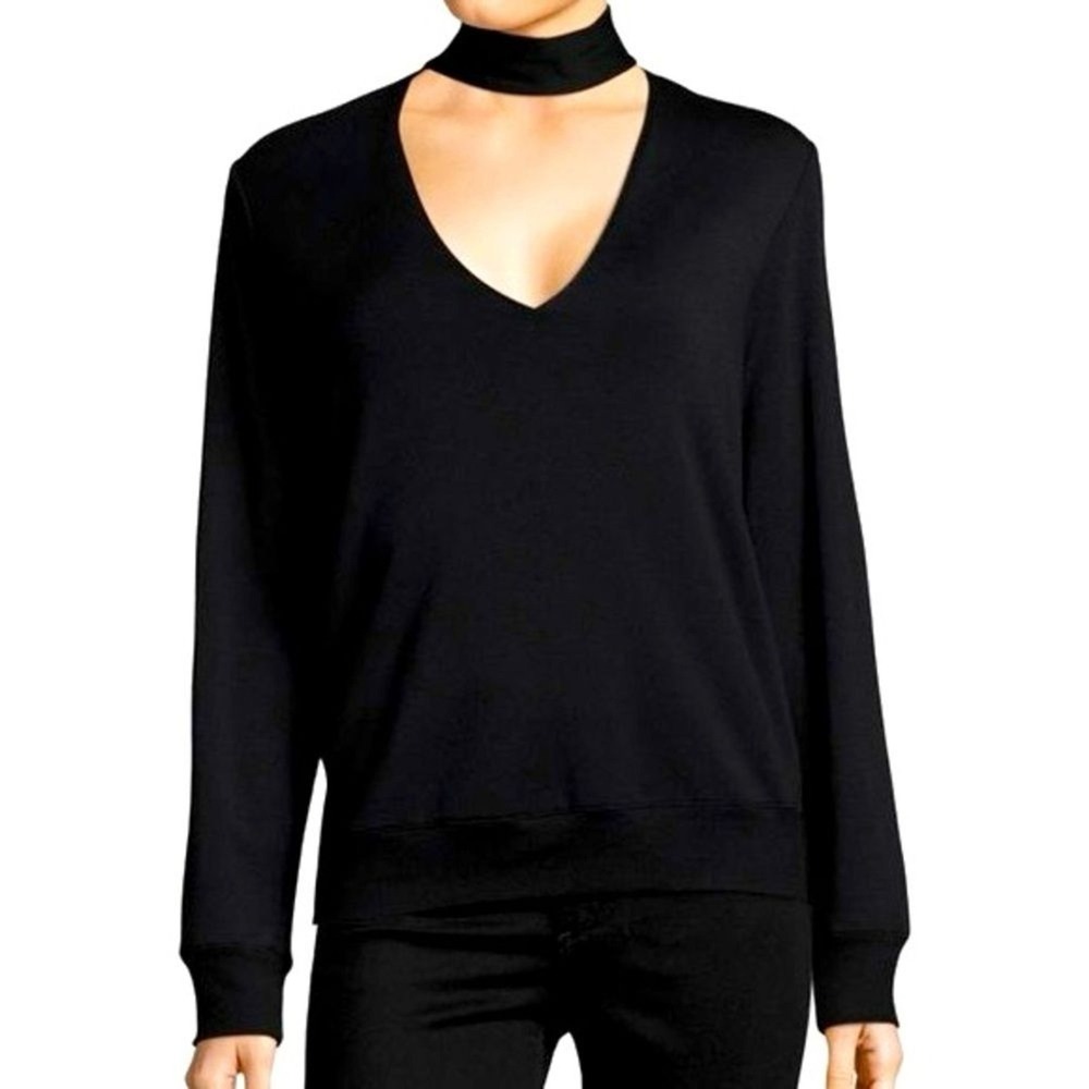 Bailey 44 Eye Splice Choker Cutout V-Neck Black Long Sleeve Modal Pullover Top